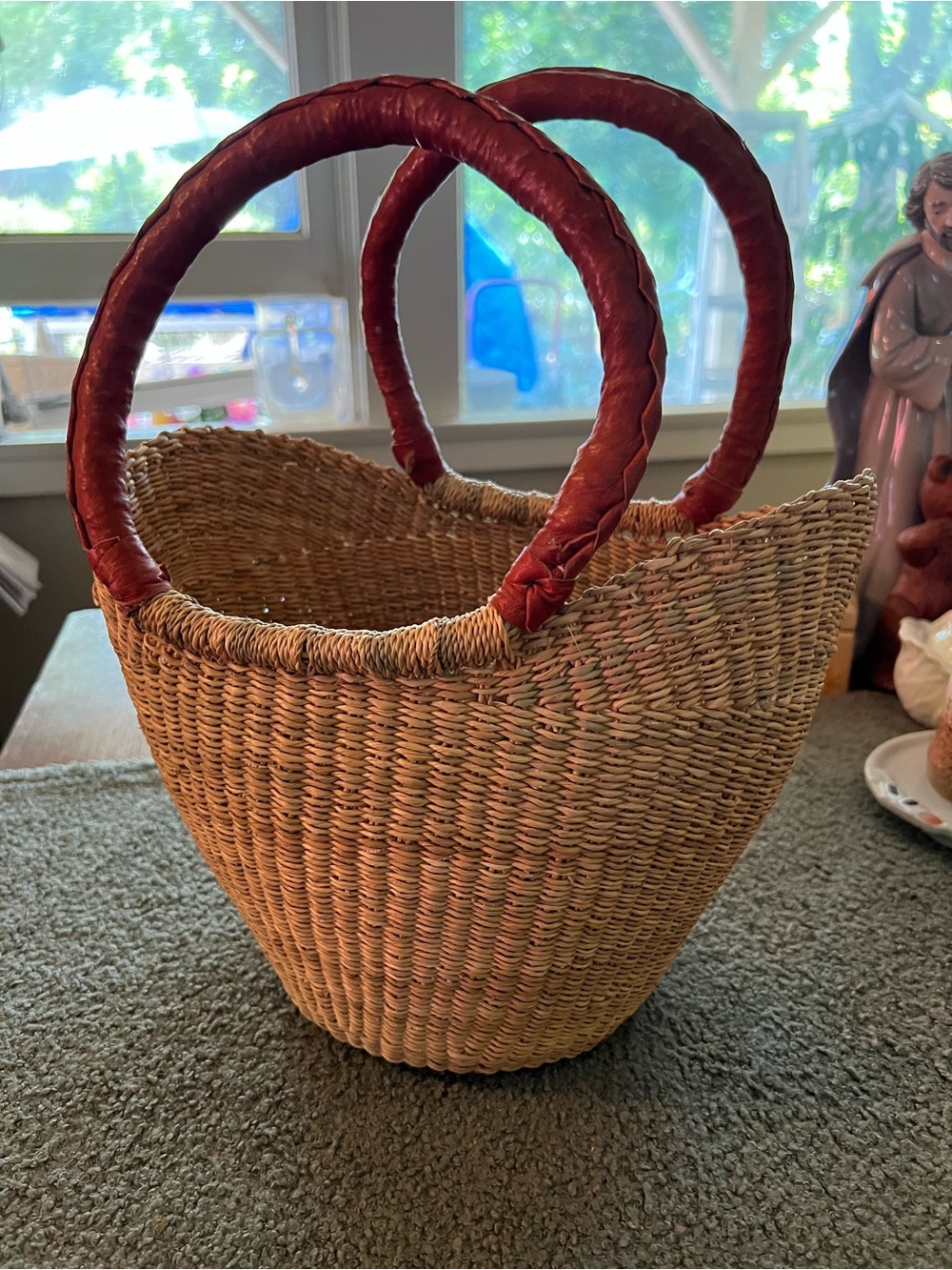 HandWoven African Bolga Straw Tote Leather Wrapped Handles EUC